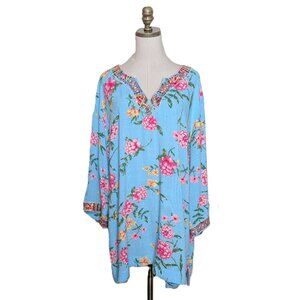 Belle Kim Gravel Blue Floral Embroidered Tunic Top Plus Size 2X V-Neck